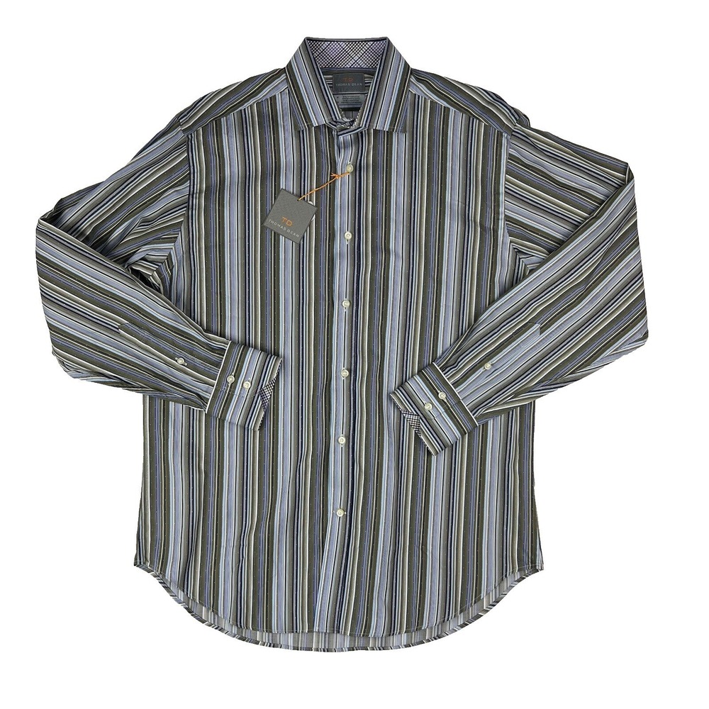 NWT Thomas Dean Green White & Blue‎ Stripe L/S Button Down Mens Size Medium M